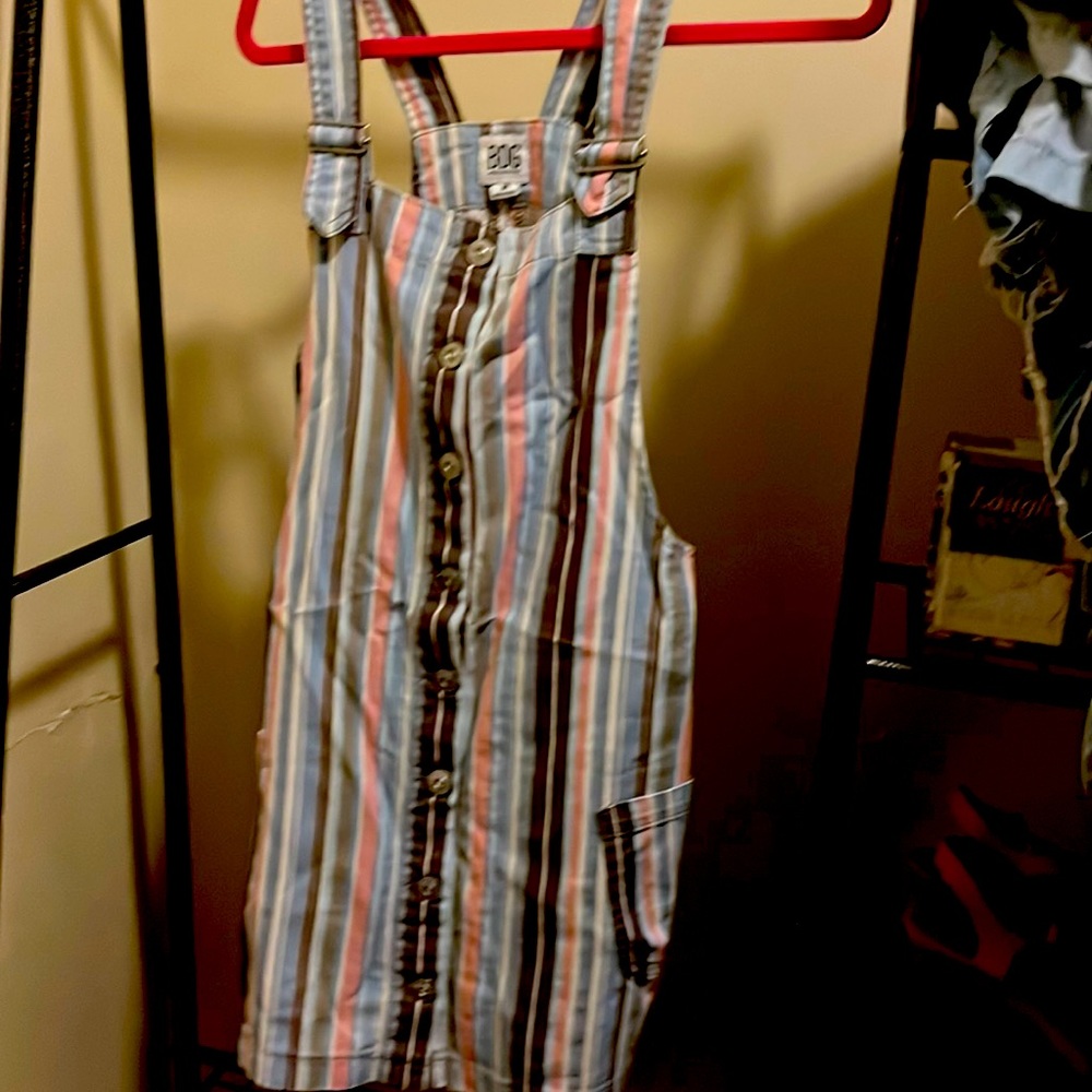 Denim vertical stripes overall dress.